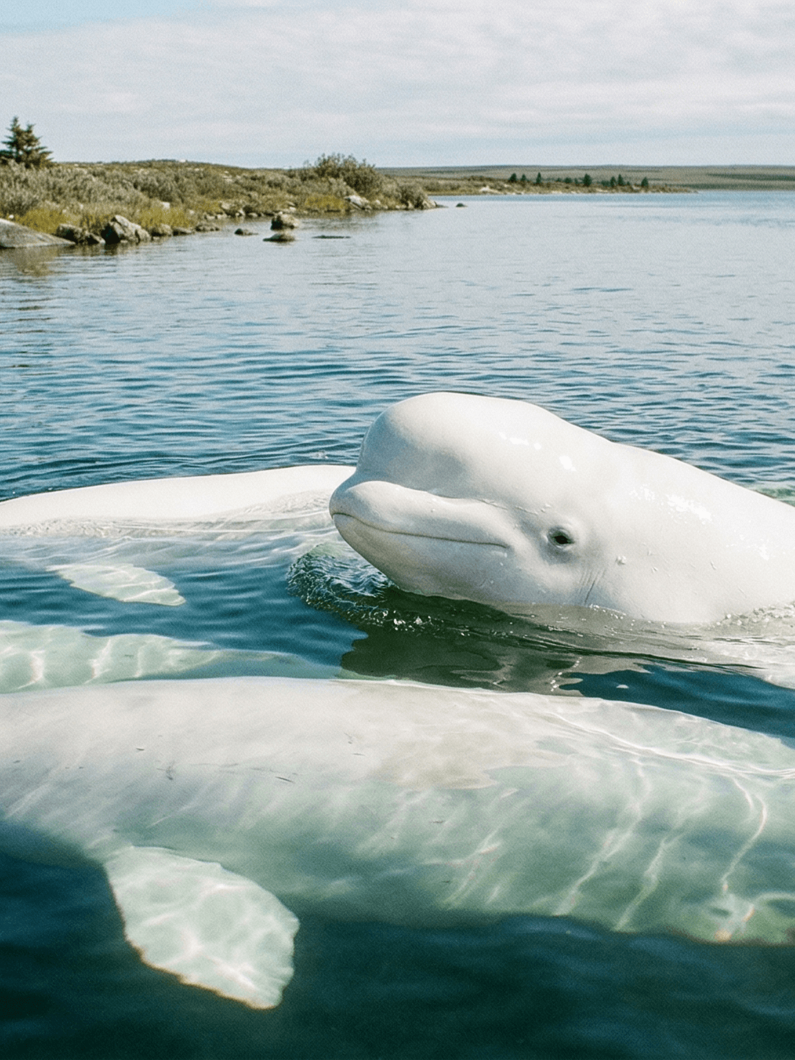 Two white beluga whales surfacing in the shallow waters of Hudson Bay near Churchill, Manitoba, Canada