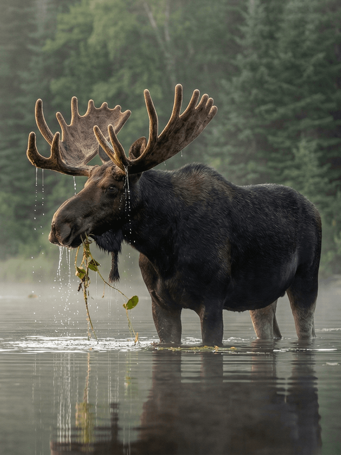 A bull moose feeding in a misty lake with dripping water and a boreal forest backdrop in Canada