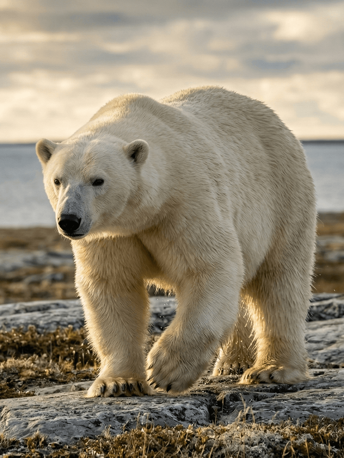A polar bear walking on rocky tundra along the shore of Hudson Bay near Churchill, Manitoba, Canada