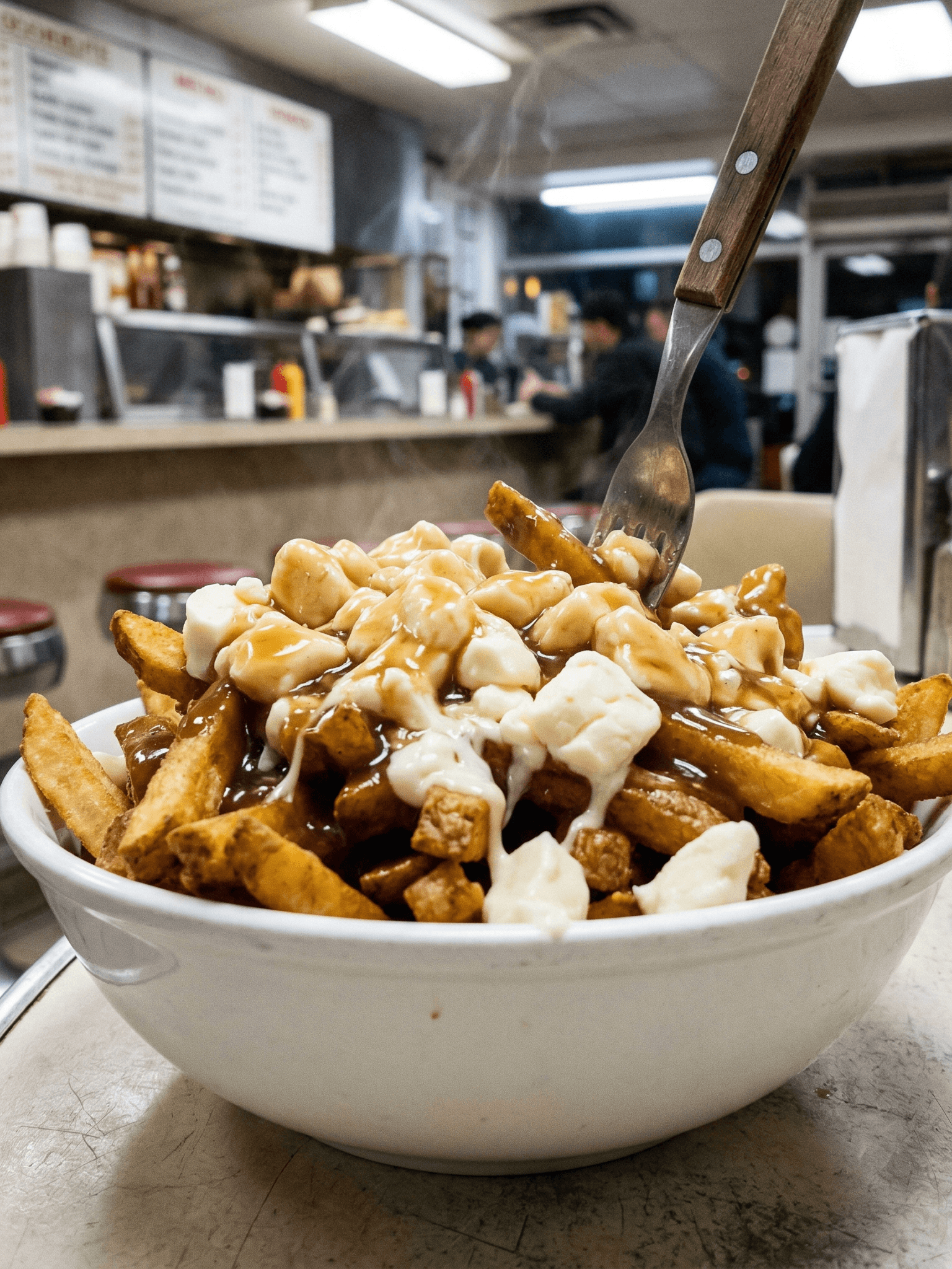 Dampende Canadese poutine met knapperige frieten, verse kaaswrongel en rijke bruine jus