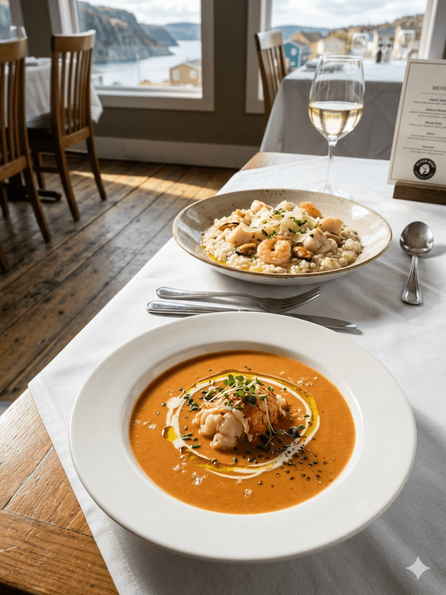 Lobster bisque and seafood risotto