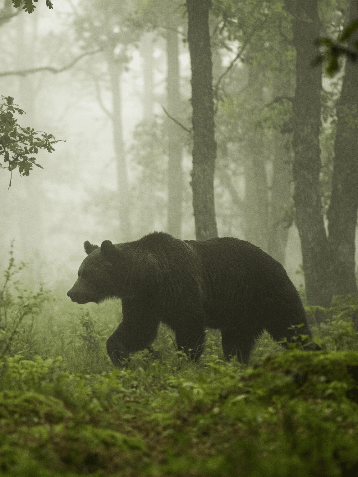 Cantabrian brown bear walking through a misty oak forest in northern Spain