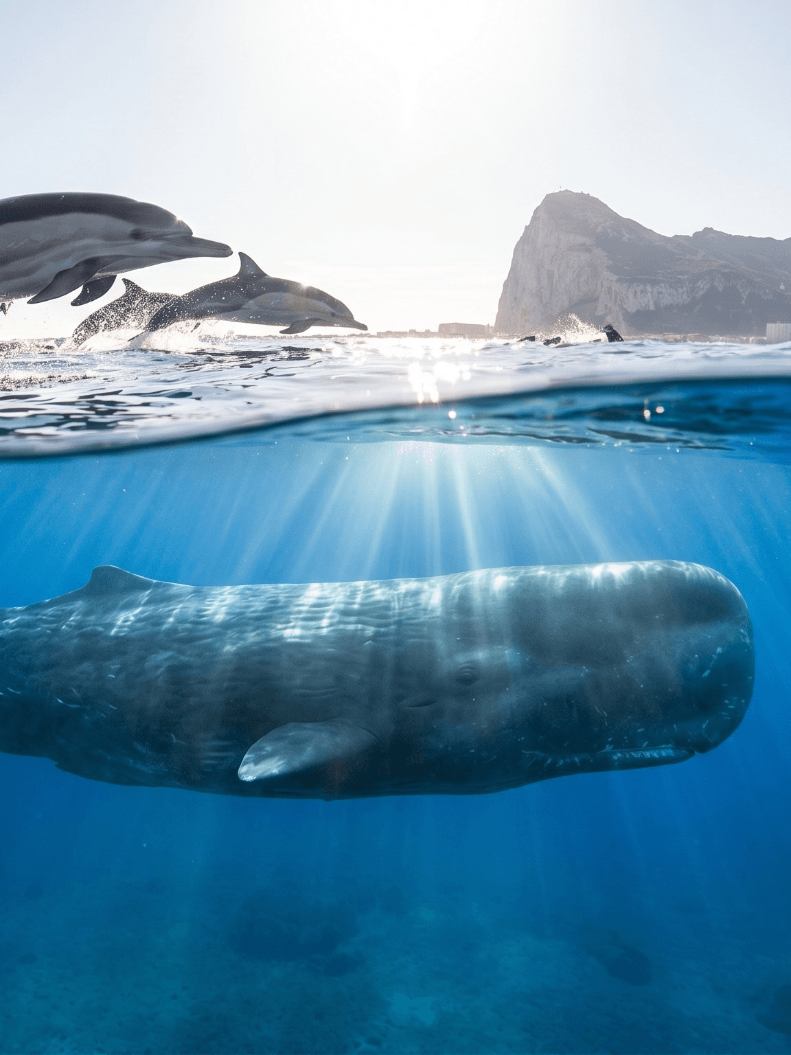 Dolphins leaping above the surface of the Strait of Gibraltar while a sperm whale glides through the deep blue water below