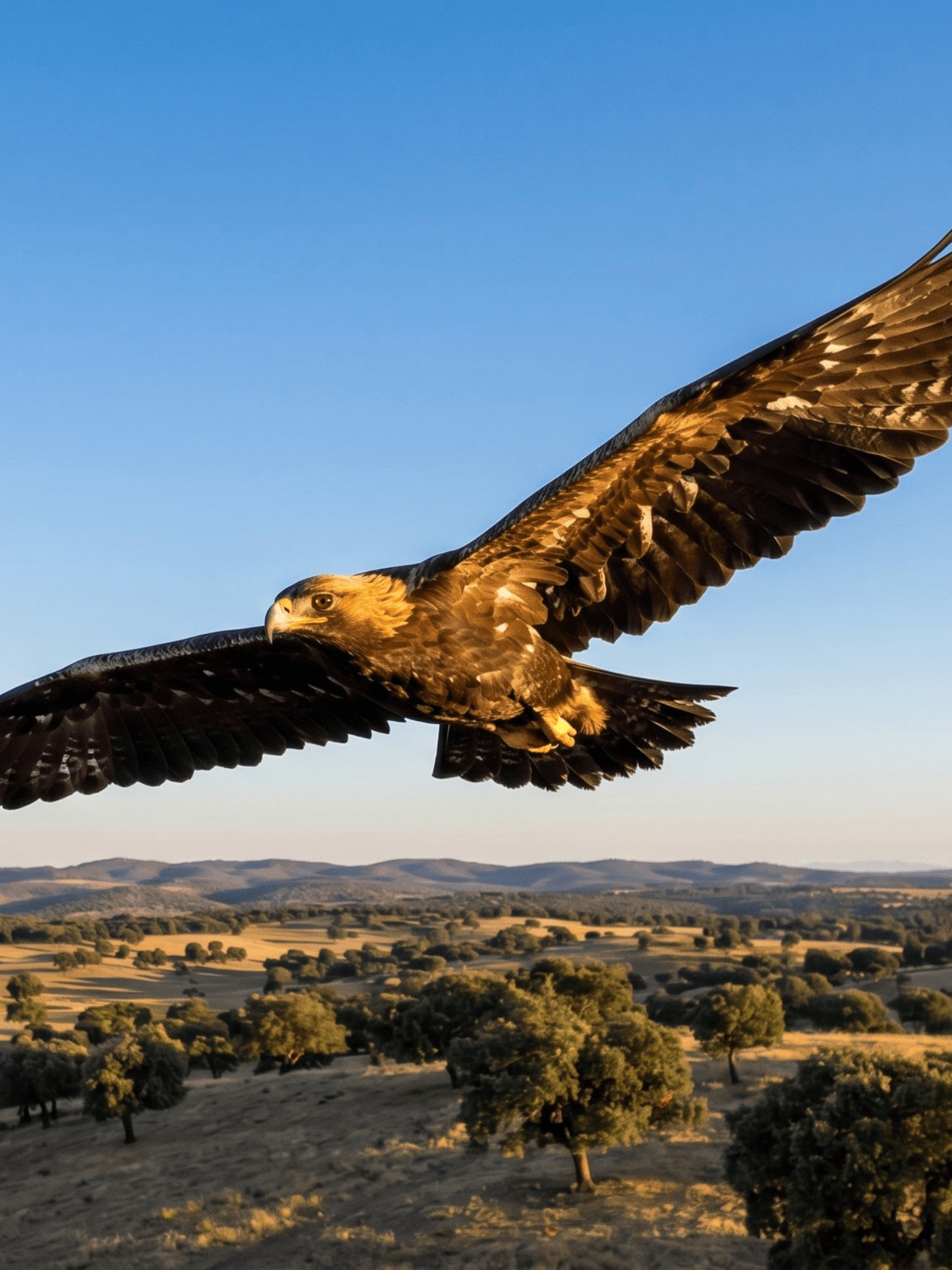 Iberian imperial eagle soaring in full flight above a dehesa landscape, white shoulder patches clearly visible