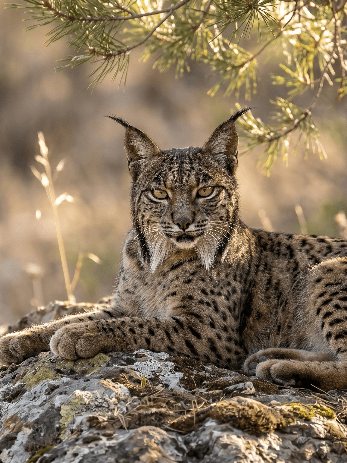 Iberian lynx resting on a rocky outcrop in Spanish scrubland, showing its distinctive tufted ears and amber eyes