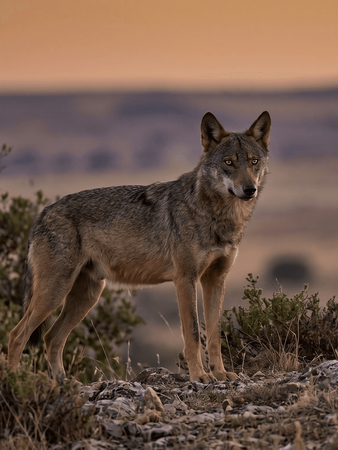 Iberian wolf standing alert at the edge of the Spanish steppe at dusk