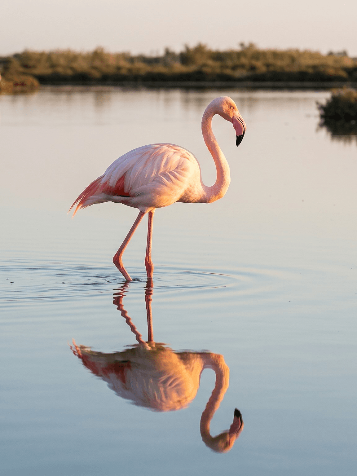 Pink flamingo standing in the shallow waters of the Camargue wetlands in southern France