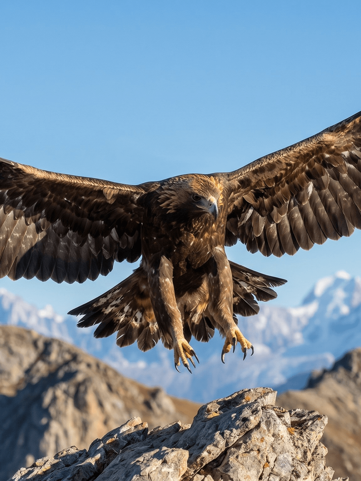 Golden eagle in flight over a rocky Alpine ridge in France with mountain peaks in the background