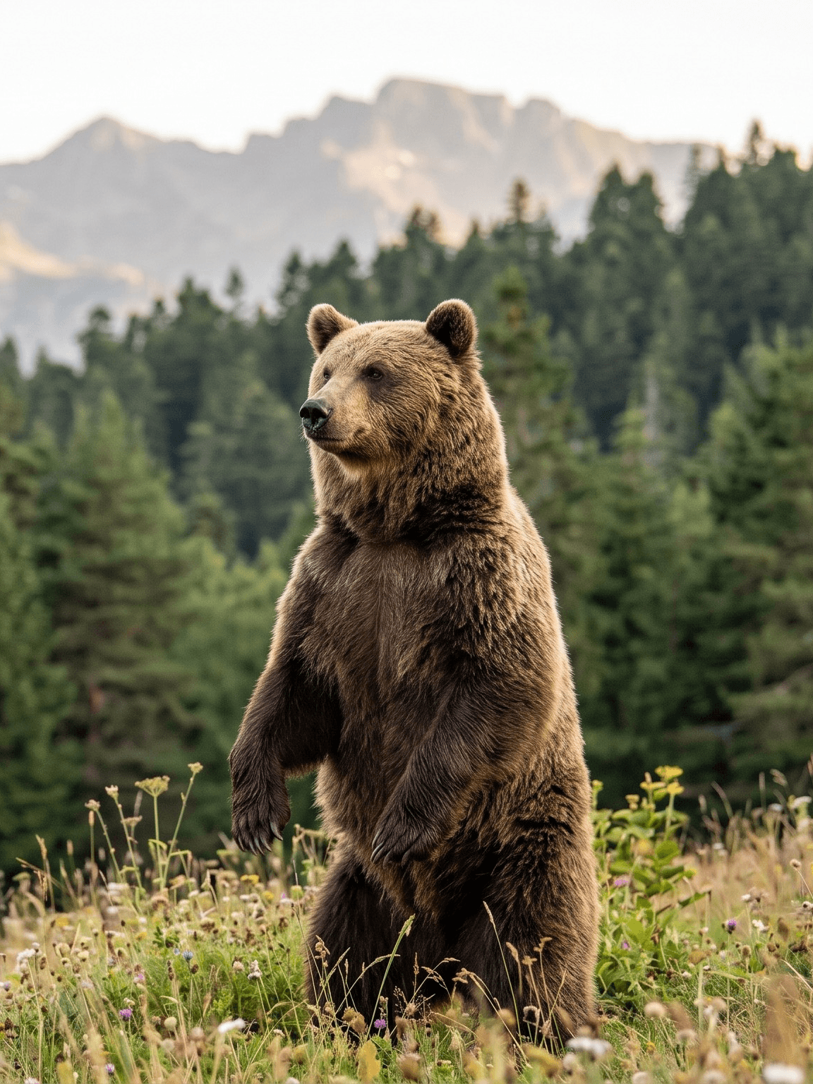 European brown bear standing in a mountain meadow in the French Pyrenees