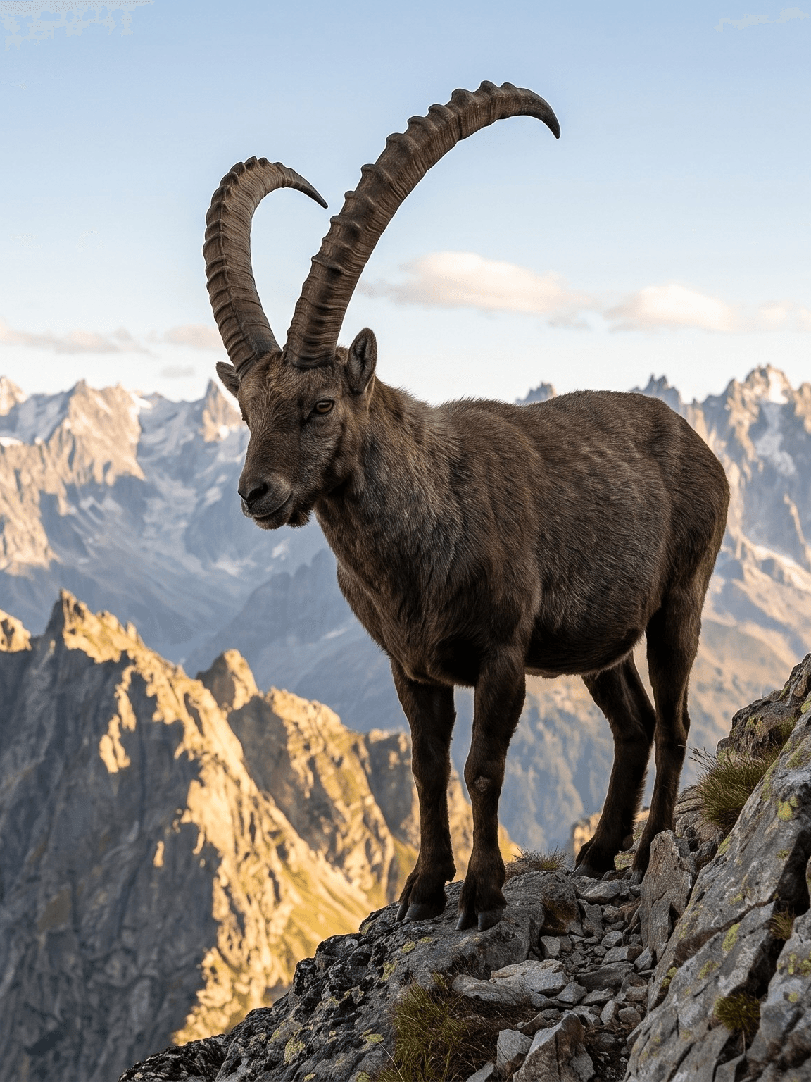 Alpine ibex with large curved horns standing on a rocky ledge in the French Alps