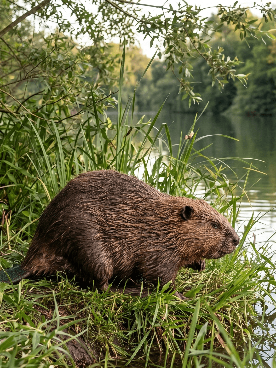 Eurasian beaver on the bank of a calm river in France surrounded by lush green vegetation