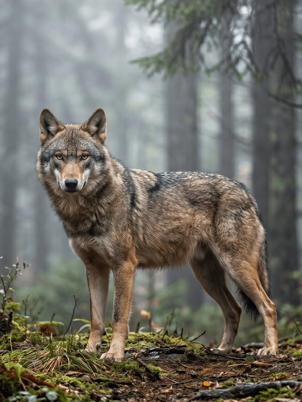 Italian wolf standing alert in a misty Apennine mountain forest
