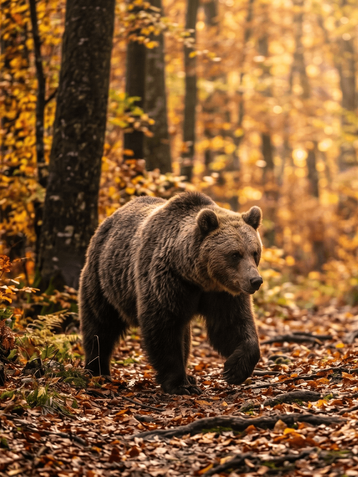 Marsican brown bear walking through an autumn beech forest in Abruzzo National Park