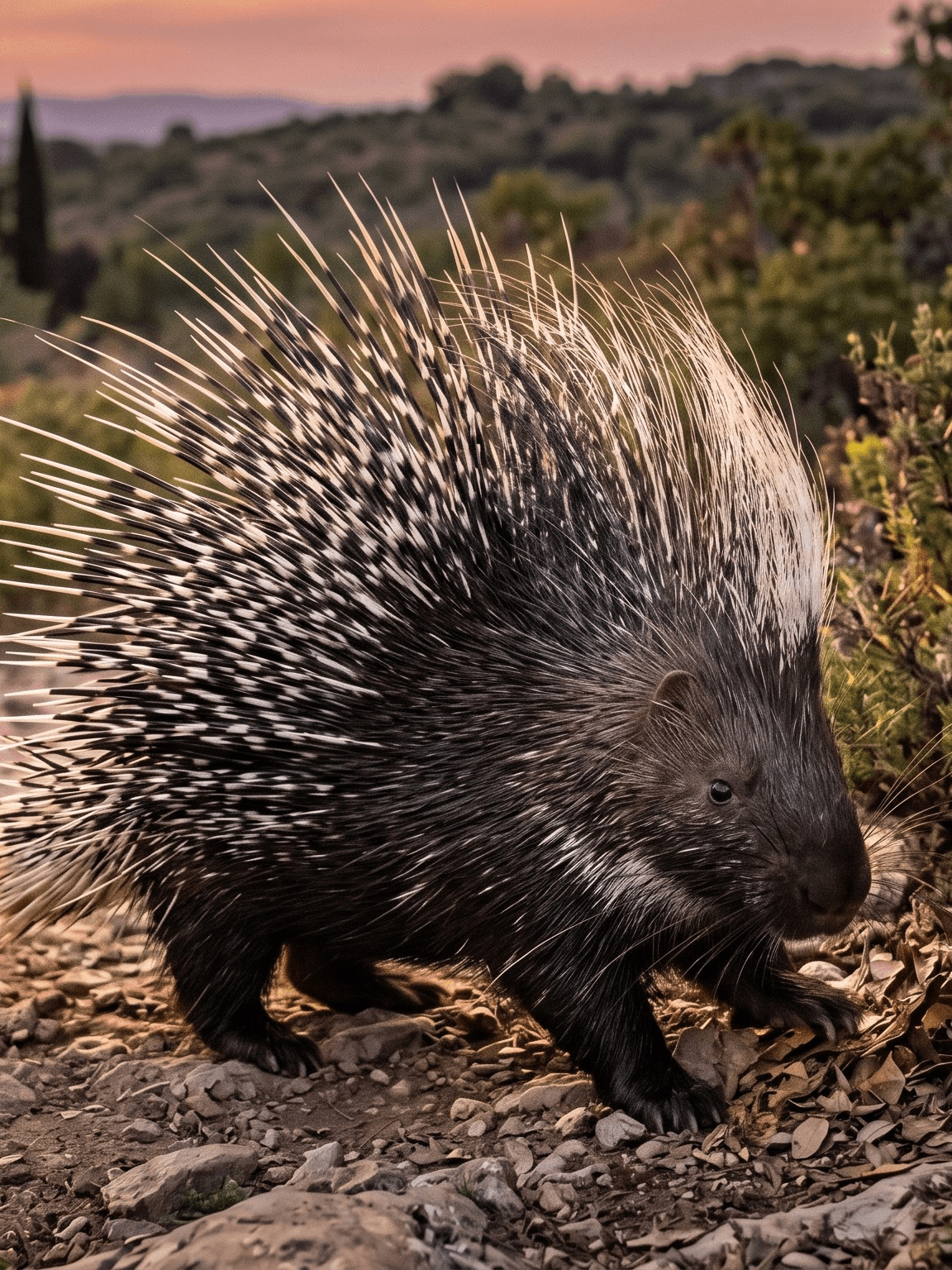 Crested porcupine with quills raised foraging on a rocky path in the Italian countryside at dusk