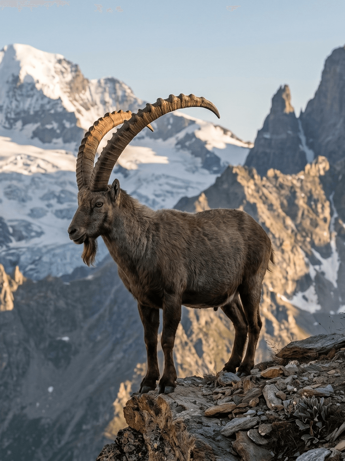 Alpine ibex with large curved horns on a rocky ridge in Gran Paradiso National Park with snowy peaks behind