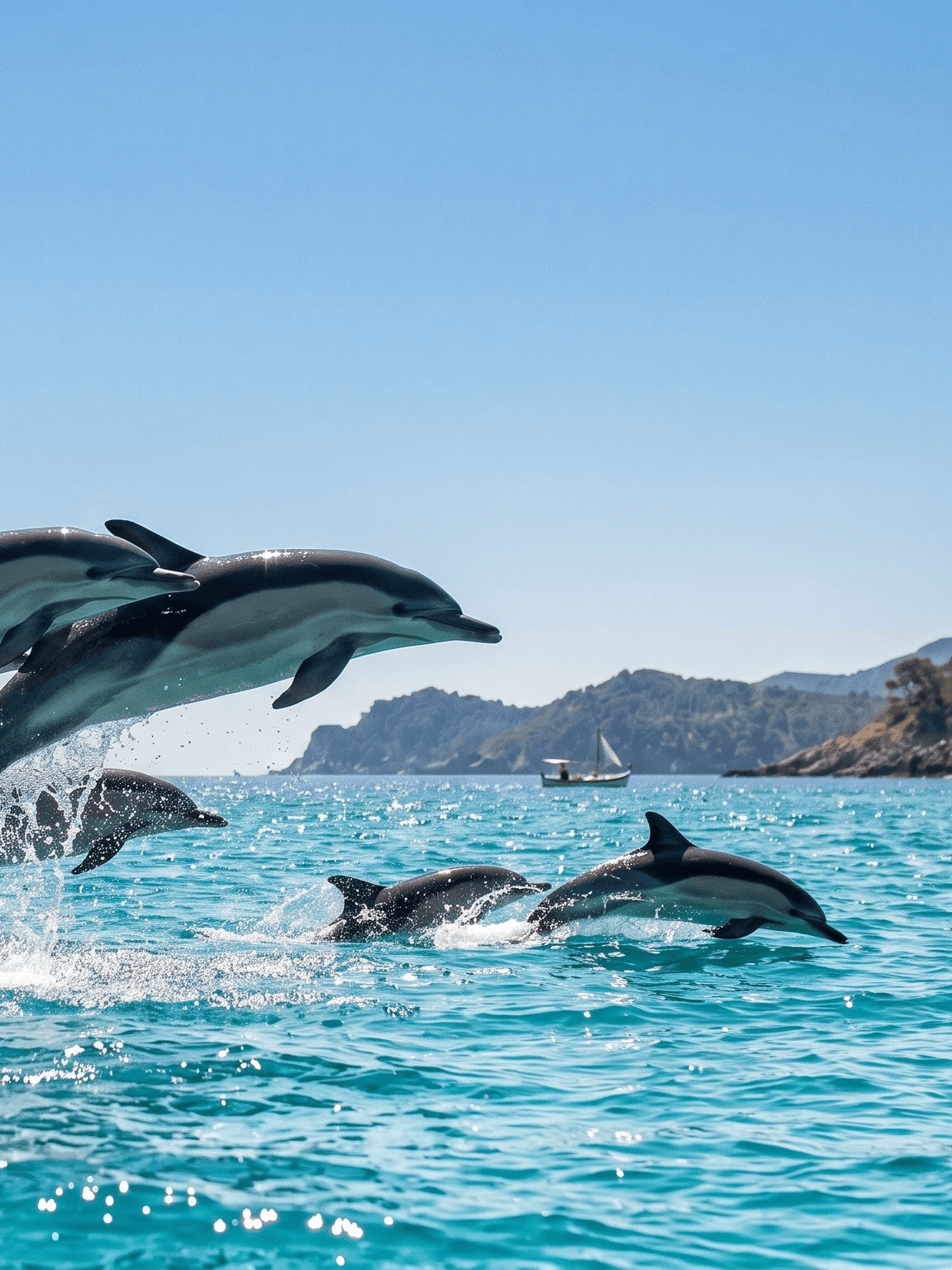 Pod of common dolphins leaping through turquoise Mediterranean water off the Italian coast