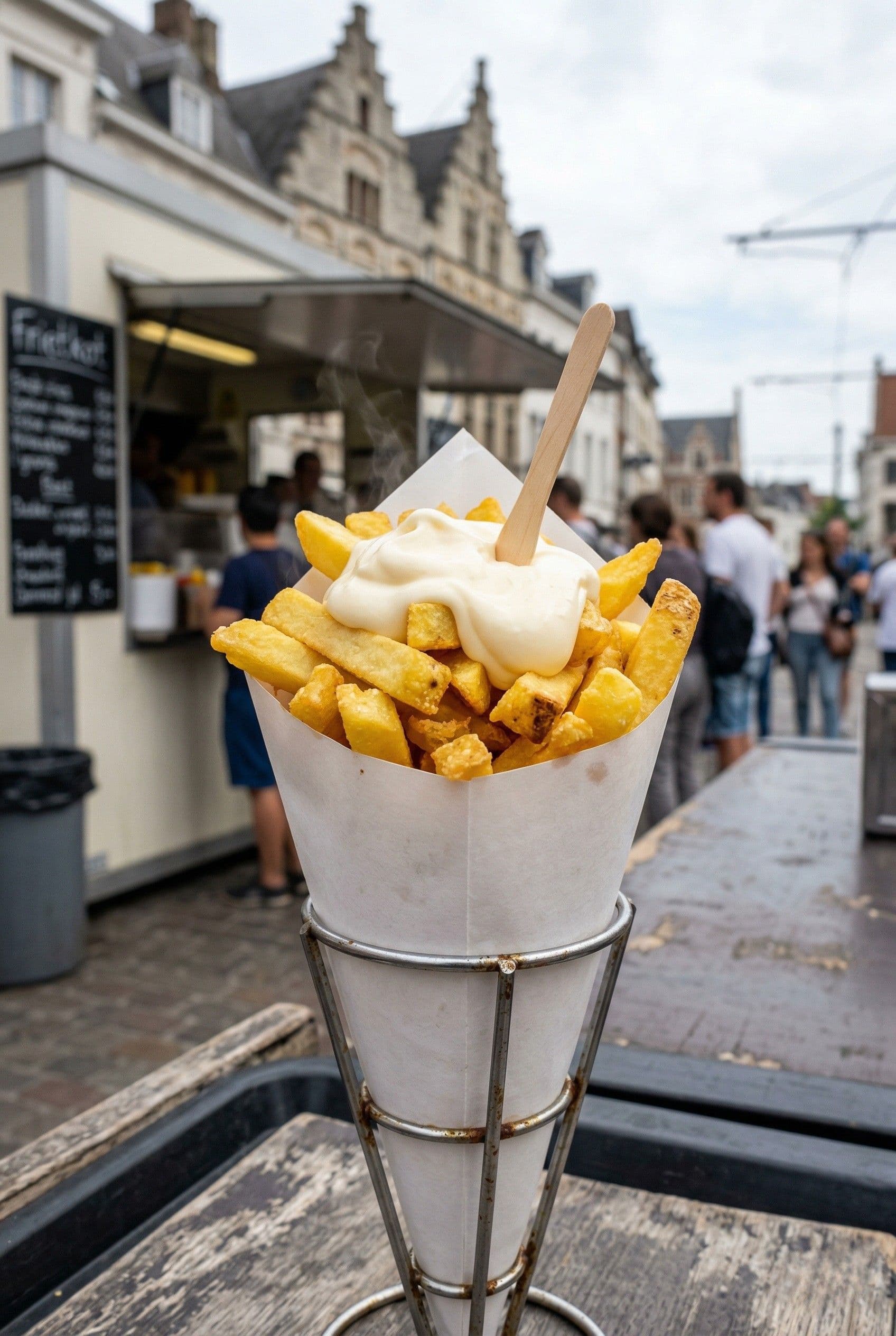Cone of Belgian fries topped with mayonnaise at a busy street food stall in Brussels, Belgium