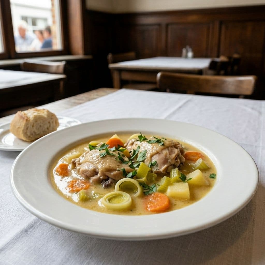 Bowl of Ghent-style chicken waterzooi stew with leeks, carrots and potatoes in a Belgian brasserie