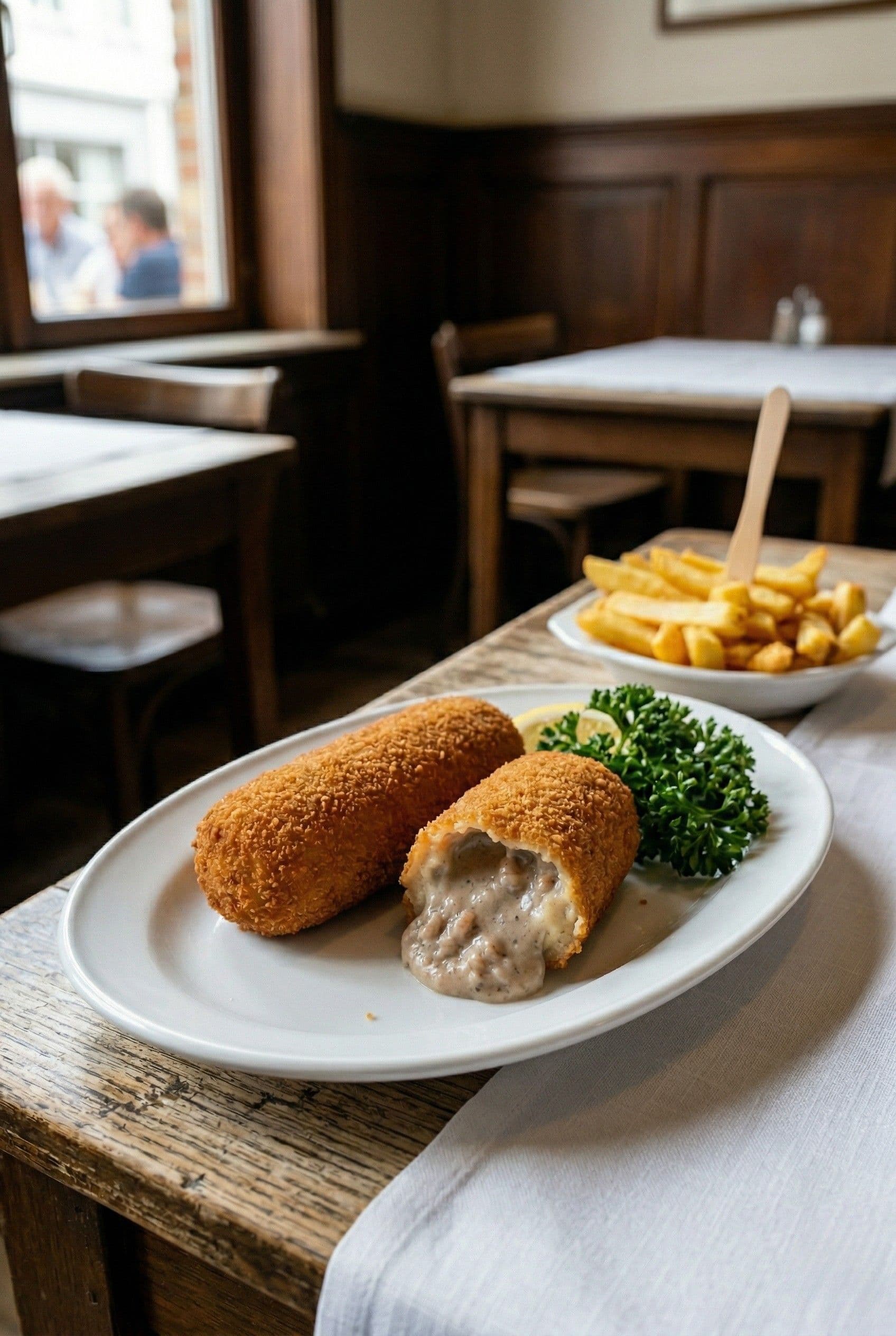 Two crispy North Sea shrimp croquettes with frites on a white plate in a Belgian brasserie