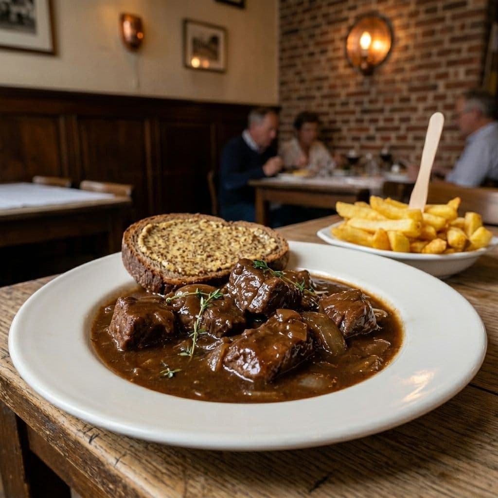 Carbonnade flamande Belgian beef and beer stew with mustard bread and frites in a Flemish brasserie