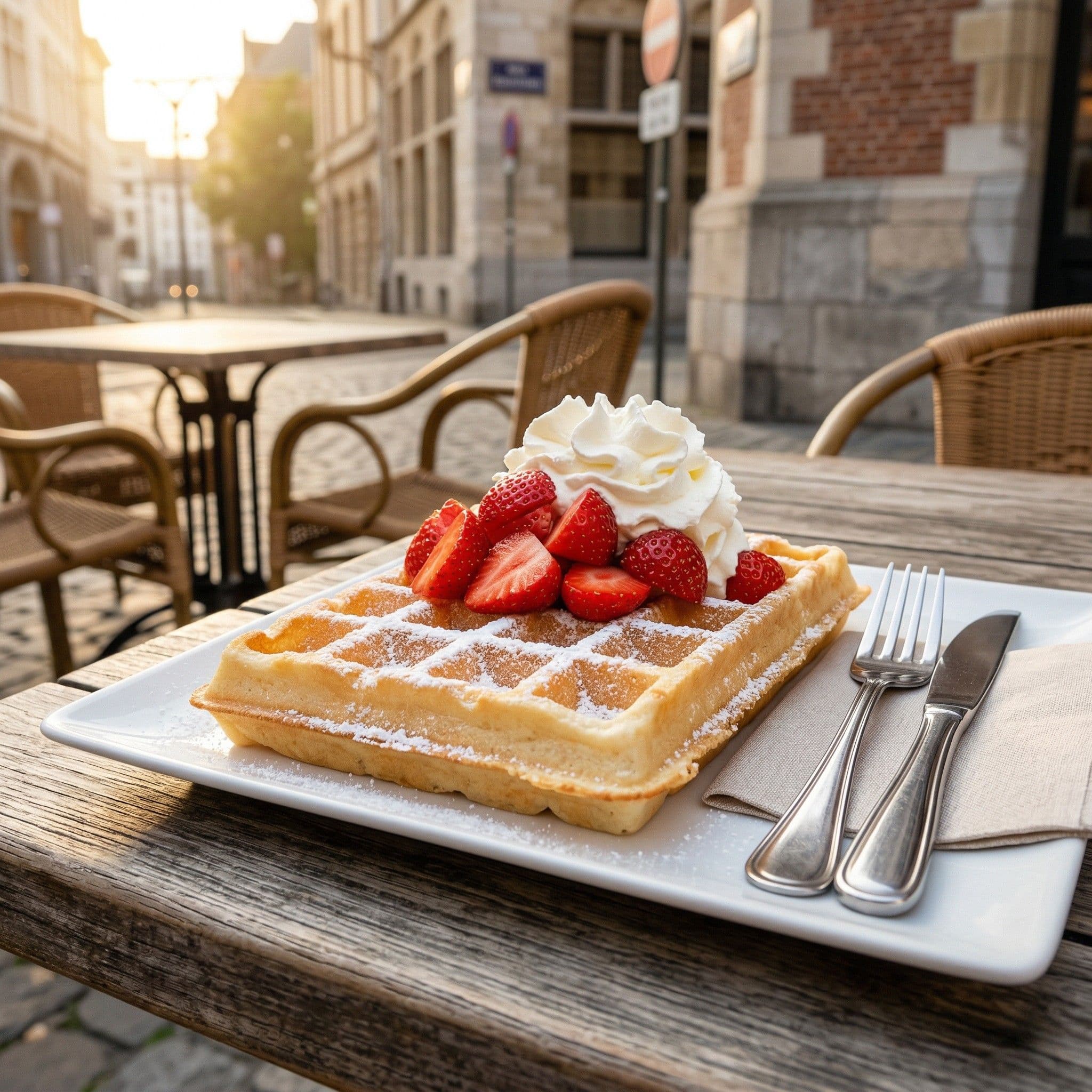 Brussels waffle with fresh strawberries and whipped cream on a sunny café terrace in Belgium