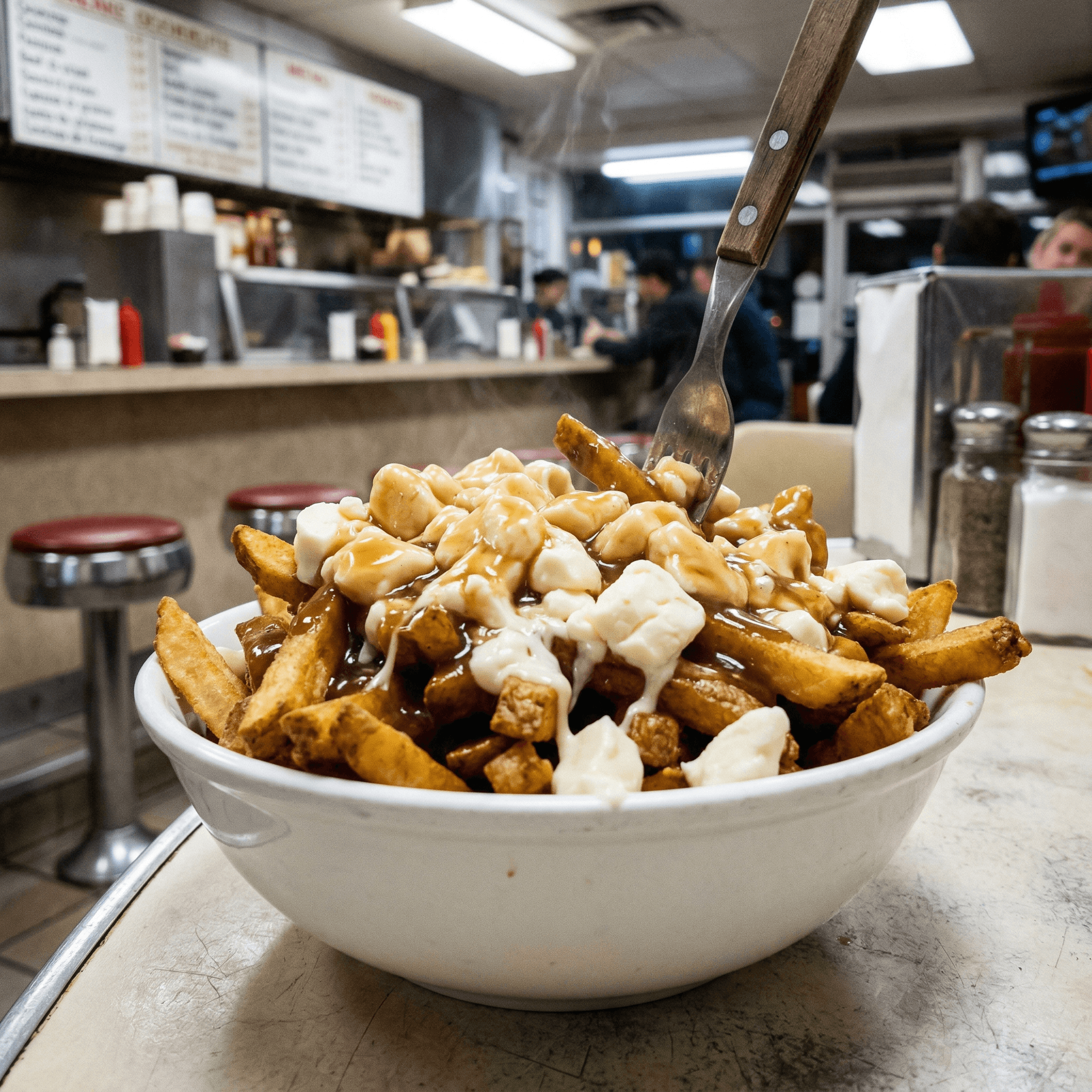 A large bowl of Quebec poutine with fries, cheese curds and gravy in a classic Canadian diner, Canada
