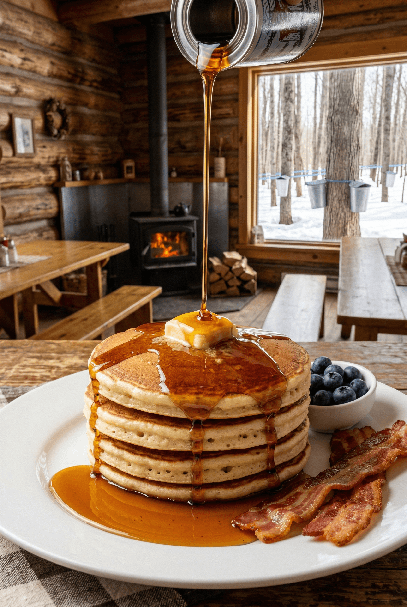 Maple syrup being poured over a stack of pancakes with bacon at a traditional Quebec sugar shack in winter, Canada