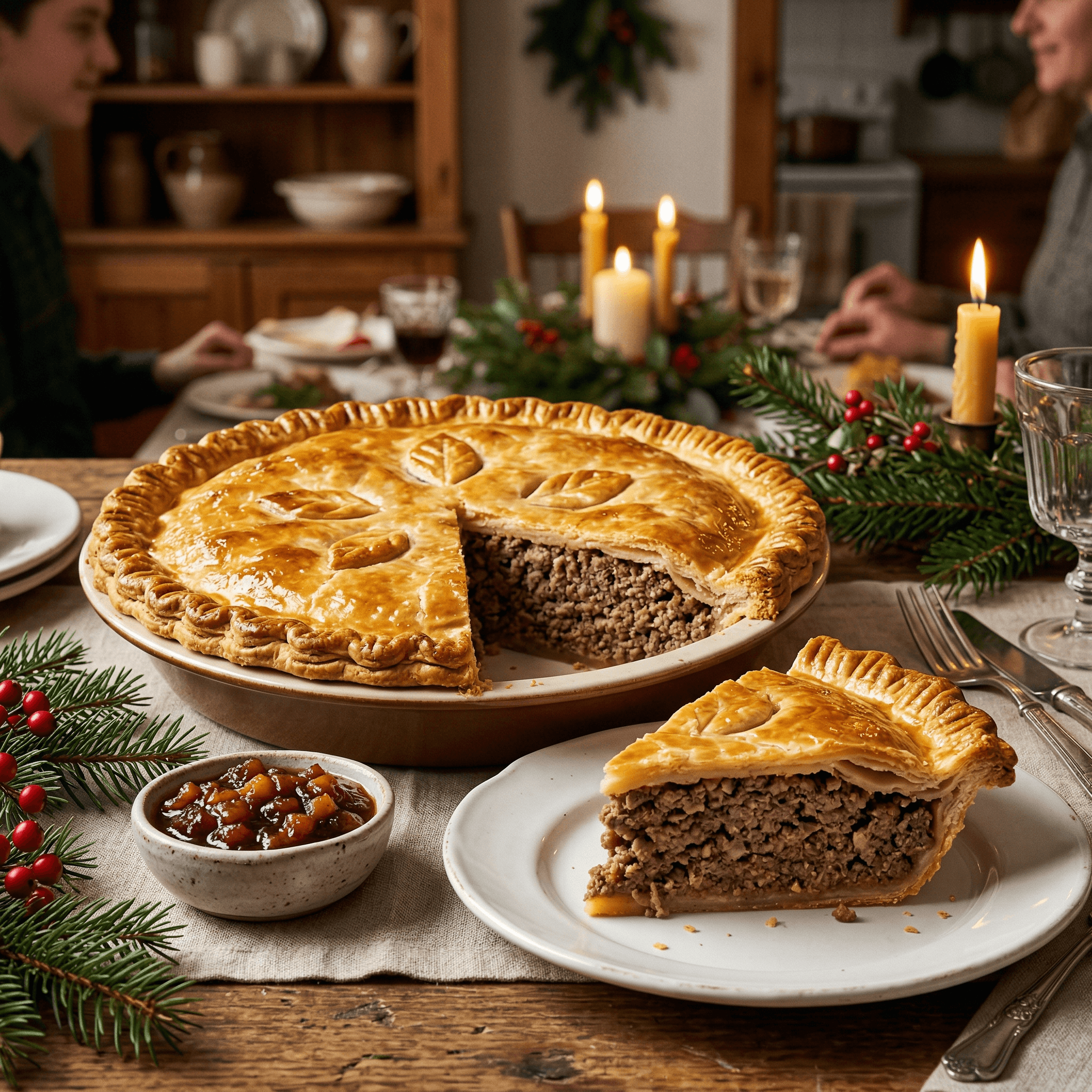 A sliced Quebec tourtière meat pie with a golden pastry crust served at a candlelit Christmas dinner table, Canada