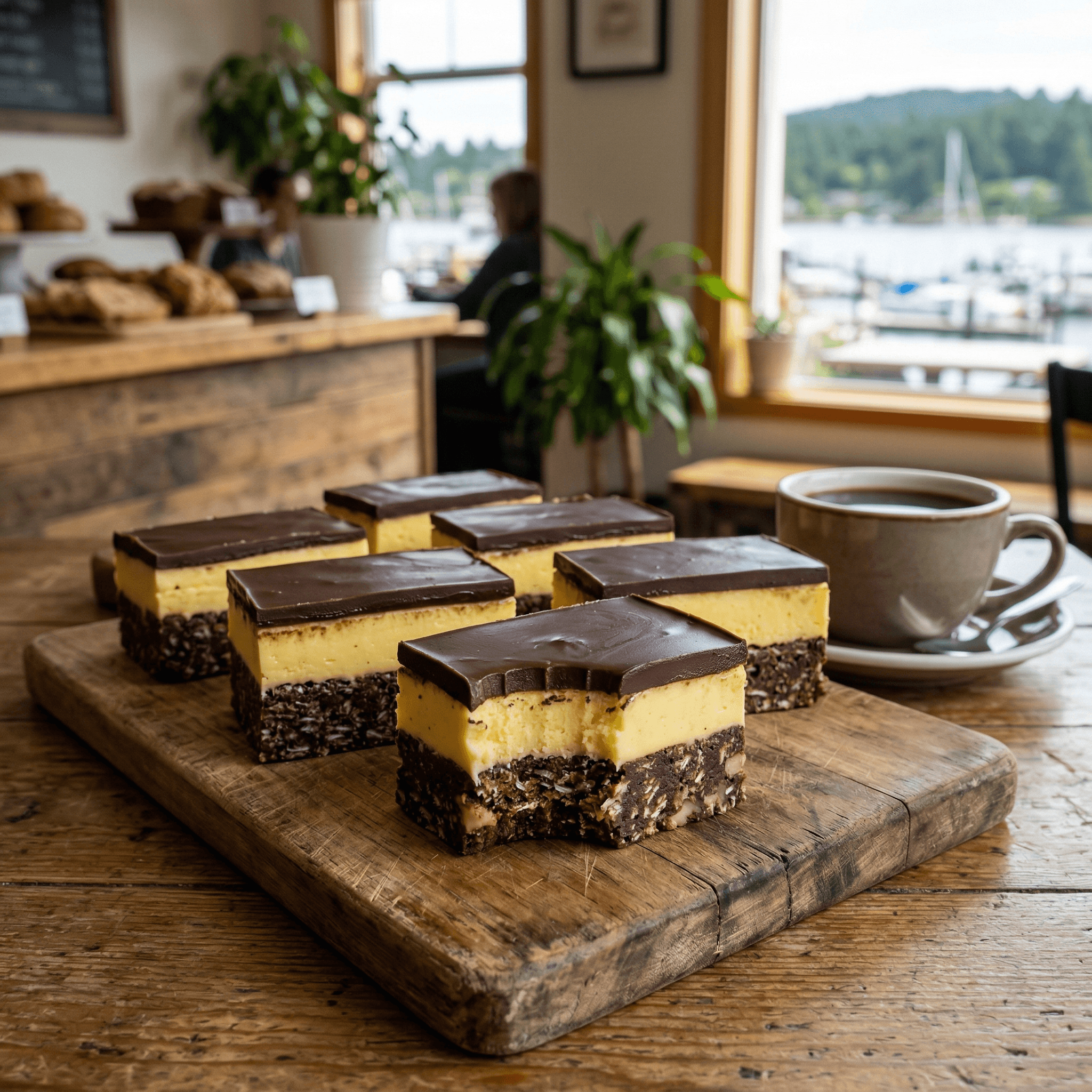 Nanaimo bars with chocolate, custard and coconut base on a wooden board in a waterfront café in British Columbia, Canada